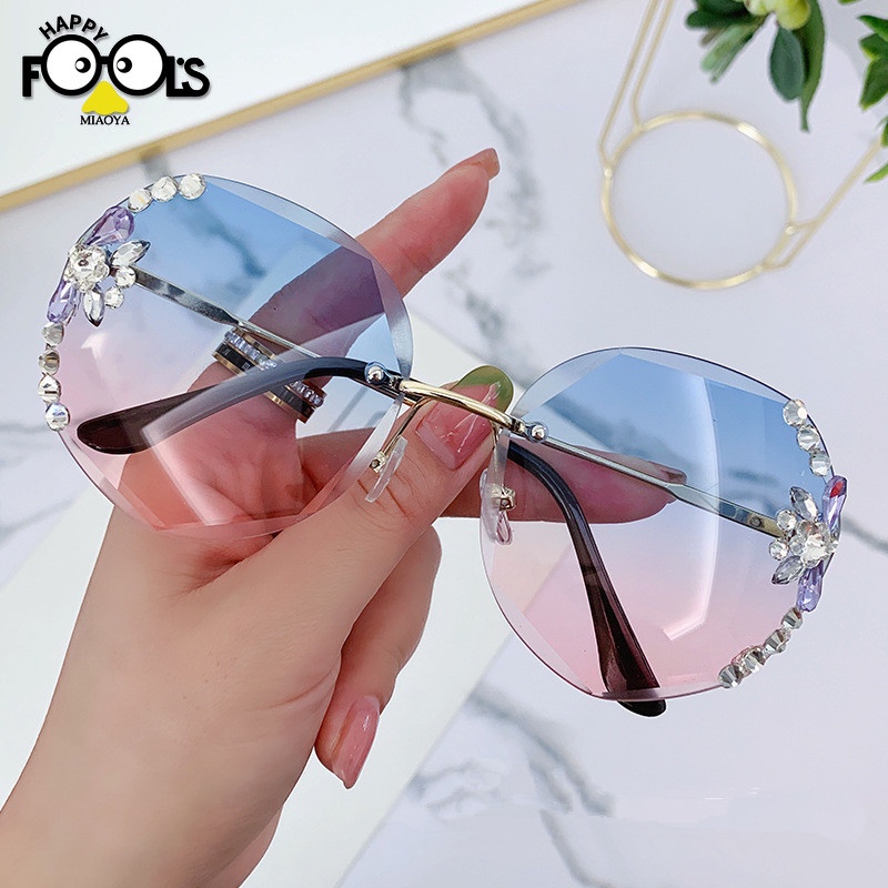 Kính Mát Không Gọng Chống Tia UV Đính Đá Pha Lê Thời Trang Hàn Quốc Cho Nữ Sự Bảo Vệ