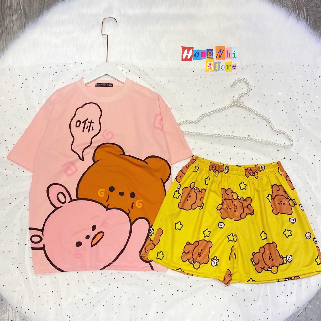 Set Bộ Thun Mặc Nhà Ngủ Tay Lỡ Phối Quần Short Hoạt Hình Oversize Ulzzang Dáng Rộng D2 - MM