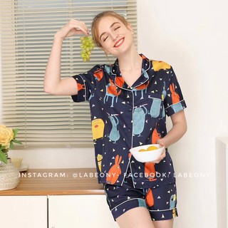 Pyjama bộ mặc nhà nữ đẹp quần đùi tay cộc lụa bóng satin Labeony