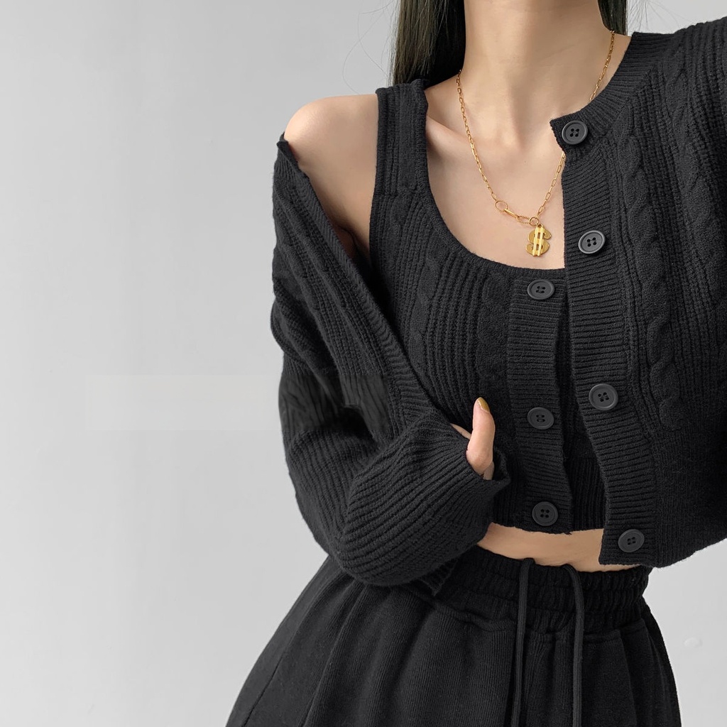 Áo Cardigan Dệt Kim Hai Mảnh Phong Cách Retro Thời Trang Xuân Thu Dành Cho Nữ