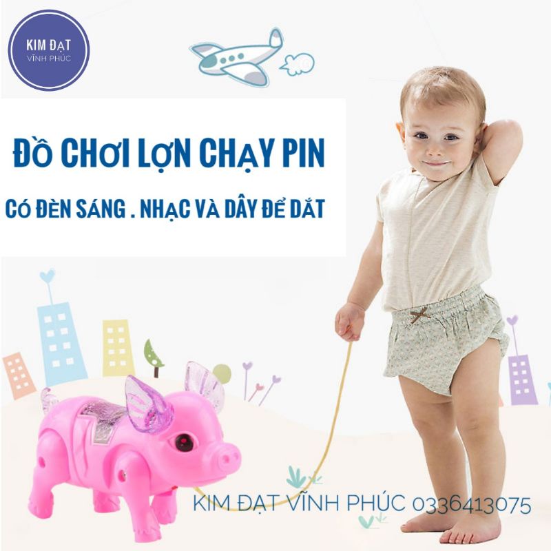 Đồ chơi Lợn chạy pin có nhạc , đèn phát sáng tặng kèm dây để bé dắt