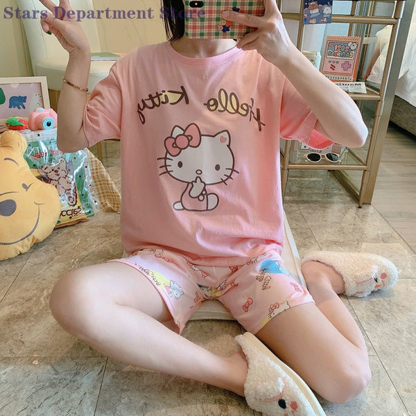 Bộ Đồ Ngủ Pijama Ngắn Tay In Hình Hello Kitty Dễ Thương Cho Nữ