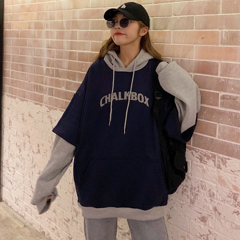 Kích Thước Lớn Áo Len Nhung Dày Áo Khoác Nữ Có Mũ Khâu Màu Xanh Và Trắng | BigBuy360 - bigbuy360.vn