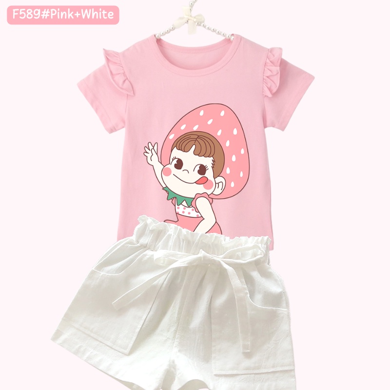 Bộ Áo Thun 100% Cotton In Họa Tiết Công Chúa Hoạt Hình Kèm Quần Short Màu Kẹo Cho Bé Gái