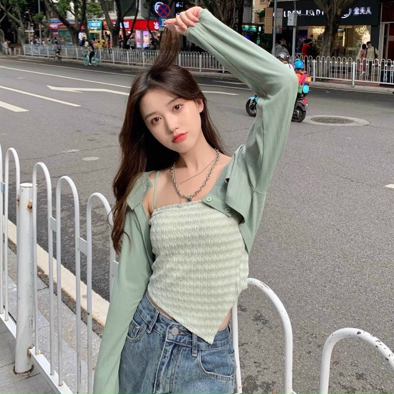 Set Áo Dây Trơn Màu Và Áo Cadigan Len Mỏng