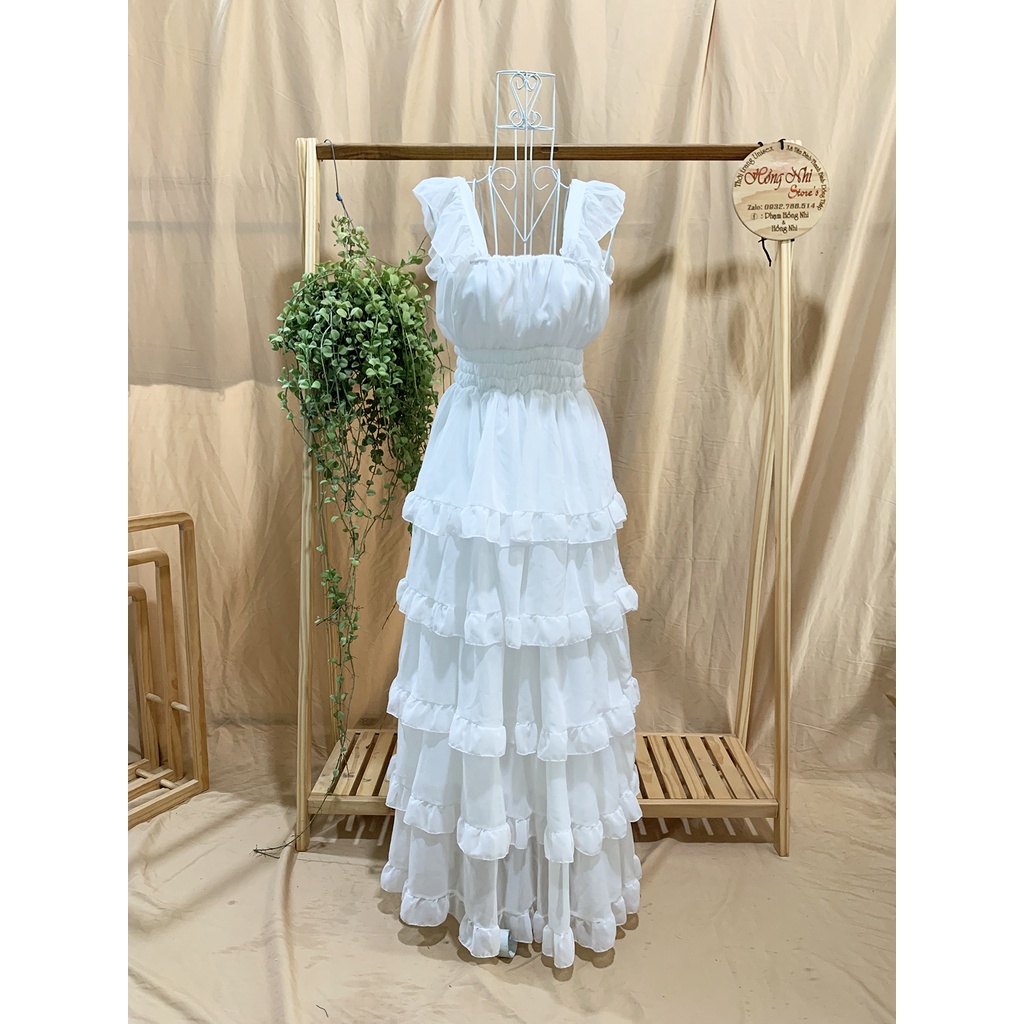 Đầm Maxi Xoè Trắng Tiểu Thư 2 Dây Trễ Vai Nhún Eo Đi Biển Siêu Sang Ulzzang