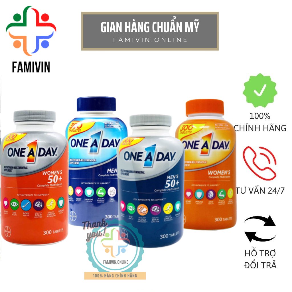Vitamin tổng hợp One A Day Men's/Women's, Mỹ (300v) bổ sung vitamin, tăng hệ miễn dịch cho nam/nữ