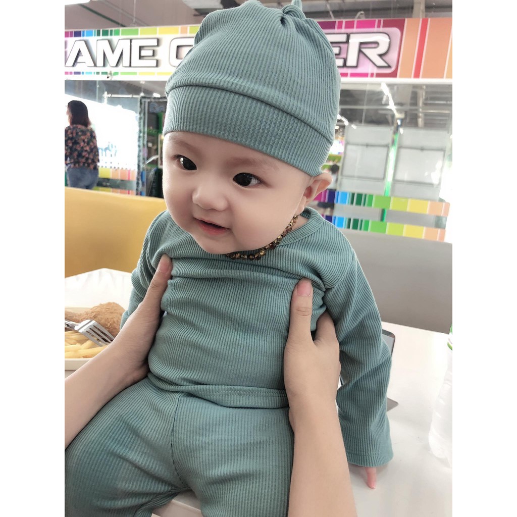 Đồ bộ mặc thu đông, len tăm dài tay kèm nón củ tỏi cho bé siêu cute