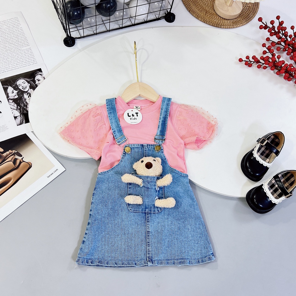Yếm váy bò jean cho bé gái nơ xinh xắn từ 10kg đến 22kg - bộ đồ bé gái Áo cotton phối bèo kết hợp yếm jean giặt mềm.