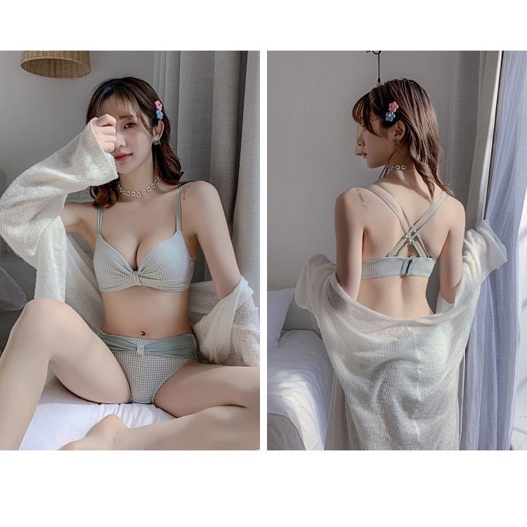 Bộ Đồ Lót Nhún Nơ Phối Kẻ Không Gọng Siêu Xinh | BigBuy360 - bigbuy360.vn