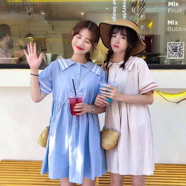 Đầm Babydoll thủy thủ cài nút màu xanh