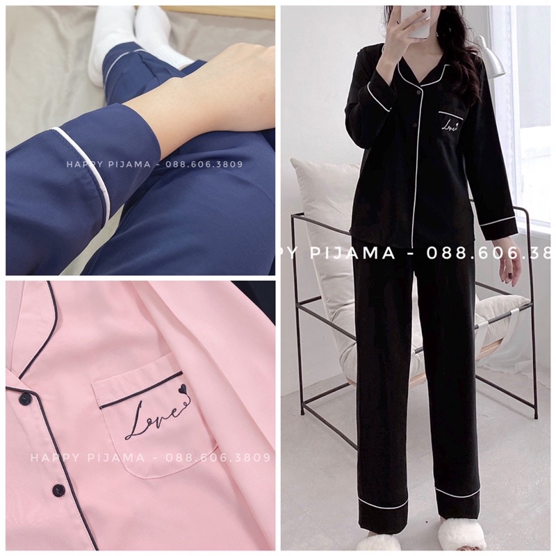 Bộ Ngủ Pijama Lụa Dài Tay Thêu Chữ Love Hàng Thiết Kế