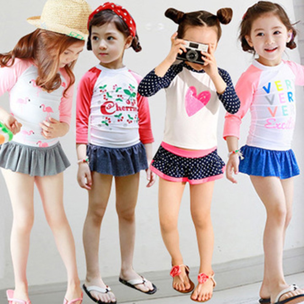 2-10 Yrs Girl's Long Sleeve Cartoon Cute Swimming Wear Tops + Skirt Kids Lovely Sun Protection Adjustable Swimsuit