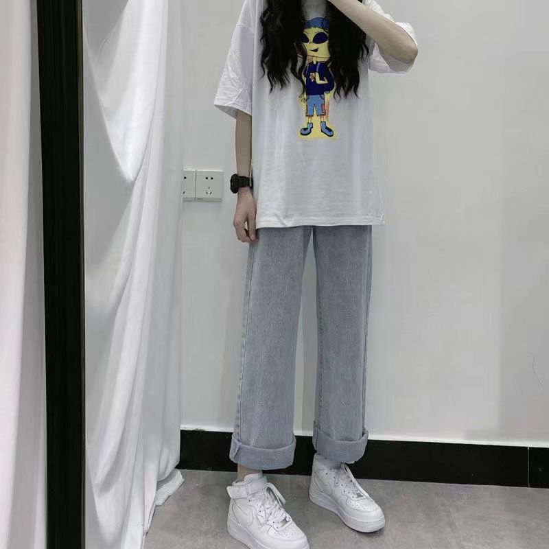 Jiashucheng Quần Jean Rách Lưng Cao Ống Rộng Dáng Suông Phong Cách Retro Mùa Hè Mới Cho Nữ