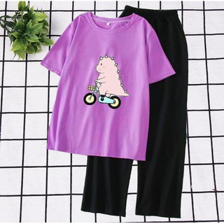 Sét Bộ Quần Áo Nữ Siêu Xinh Cute Áo Thun Phông Cotton Organic Ngắn Tay In Khủng Long Hồng Đạp Xe Kèm Quần Thun Cát Rộng