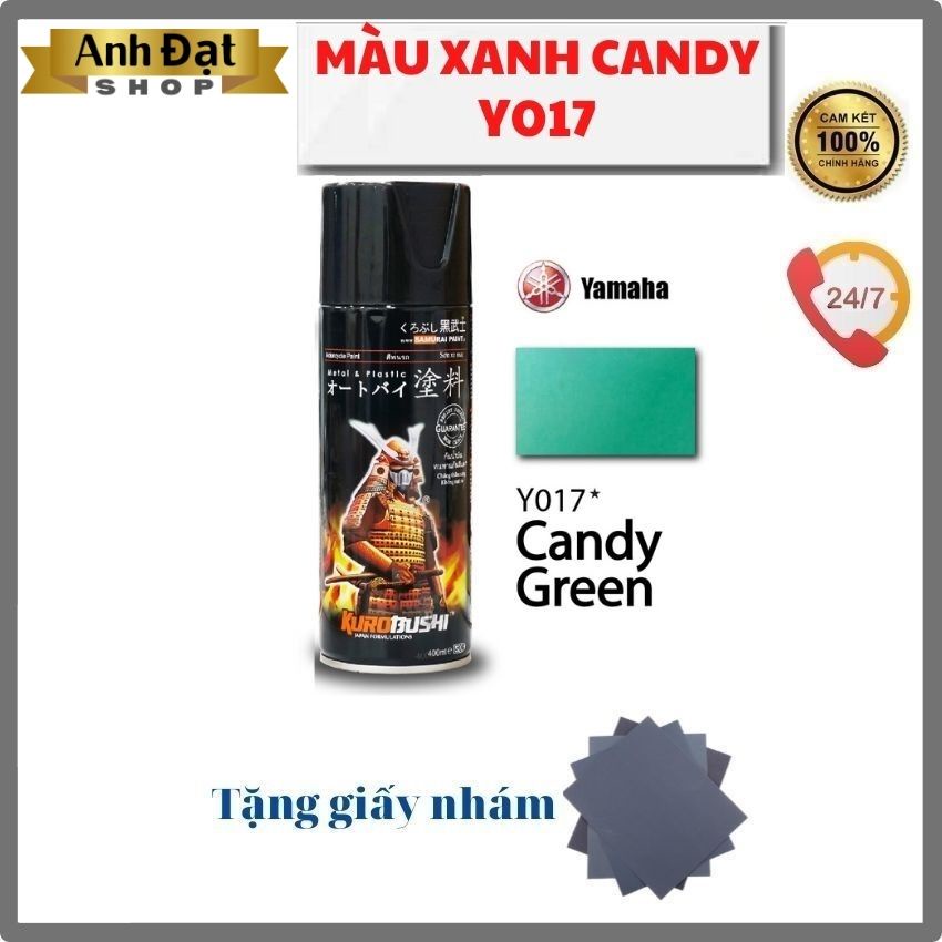 Sơn xịt samurai màu xanh Candy Y017*, dung tích 400ml, có khả năng kháng xăng (A92, A95), chống rạn nứt, bình xịt
