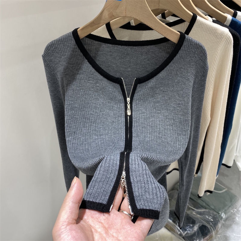 Áo len nữ tăm đũa kéo khóa cổ tròn hàng Quảng Châu cao cấp L1
