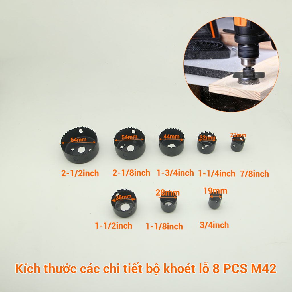 BỘ KHOÉT LỖ GỖ Và THẠCH CAO 11 chi tiết M42 Ø19MM - Ø64MM