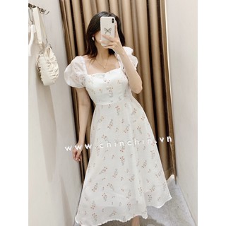 Đầm midi voan trắng hoa xoè nút bọc