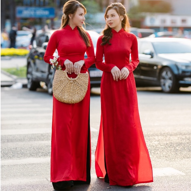 Áo dài đỏ 4 tà truyền thống may sẵn Lụa Tằm đẹp cổ sen cao 3cm