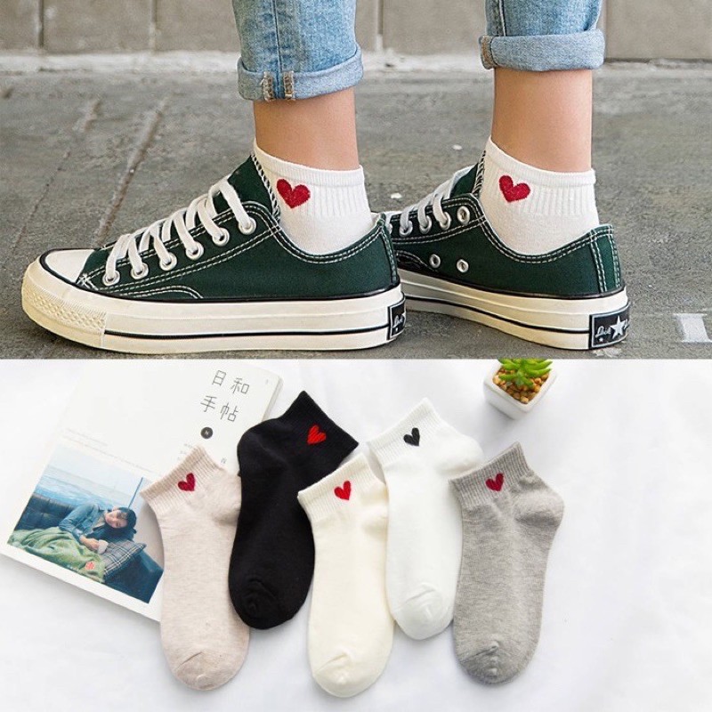 [Vớ Nam nữ] Tất Nữ Cổ chân thêu trái tim đỏ Style Hàn Quốc.