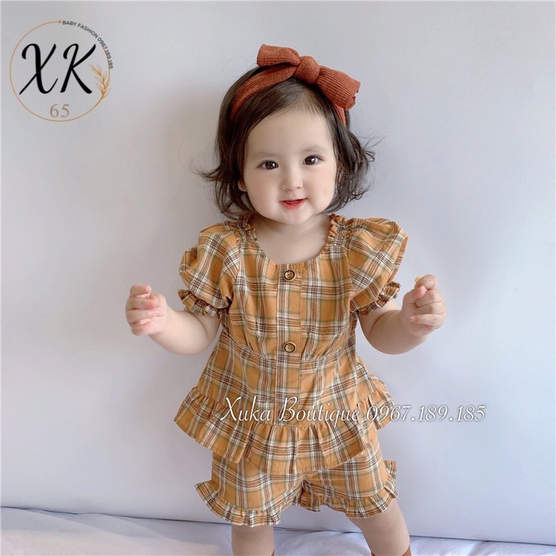 Bộ Quần Áo Cộc Tay Bé Gái Kẻ Nâu Vàng Cực Tây 0-2 Tuổi Xuka Boutique Set Quần Áo Trẻ Em 2022