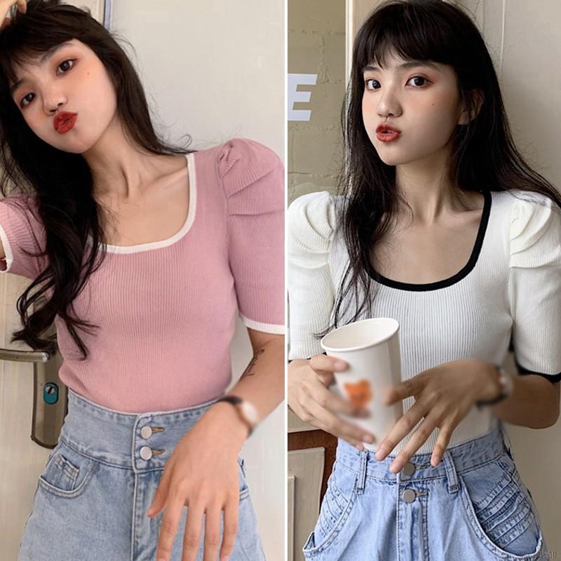 Áo Croptop Dệt Kim Tay Ngắn Cổ Vuông Phong Cách Hàn Quốc