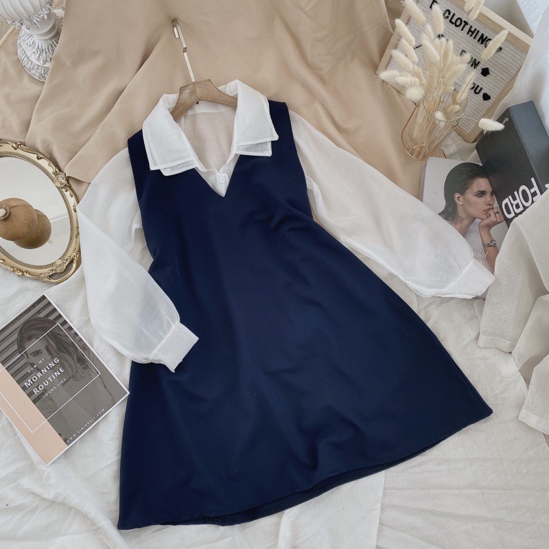 SET YẾM SUÔNG XANH NAVY KÈM SOMI CỔ NHỌN 2 LỚP