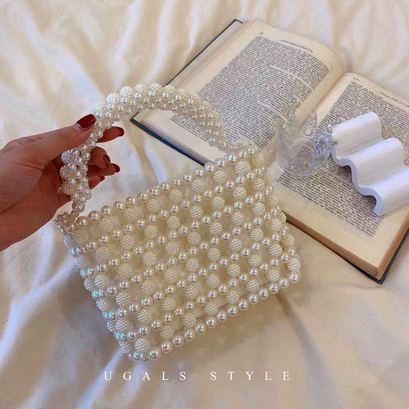 Túi xách tay kết hạt cườm giả ngọc trai handmade dáng bì thư siêu cá tính