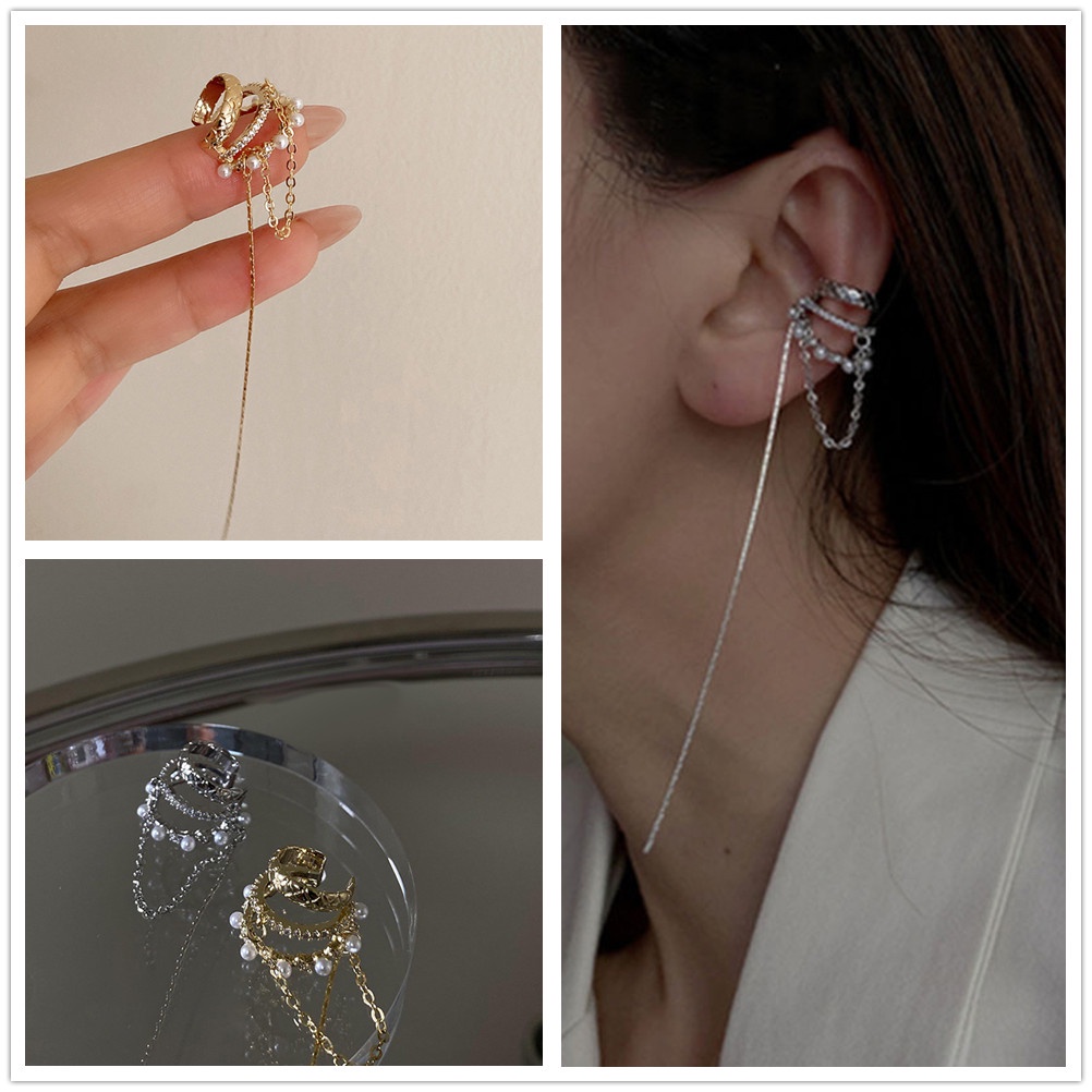 Khuyên Kẹp Vành Tai Dài Đính Ngọc Trai Thời Trang Cho Nữ