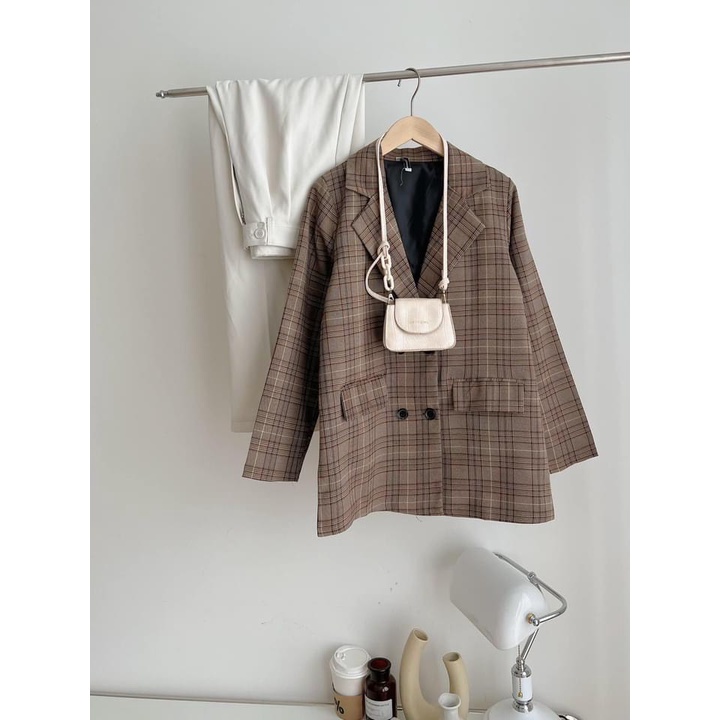 [ẢNH THẬT]Áo blazer màu Kẻ Nâu Tay sang chảnh trơn Khoác Dạ Dáng Dài - dáng suông rộng trượt vạt bầu dáng rộng- áo khoá