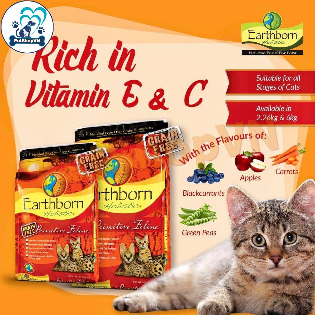 Thức Ăn Cho Mèo Hạt EARTHBORN HOLISTIC PRIMITIVE FELINE Bao 2Kg Vị Gà, Cá Hồi Và Cá Trích