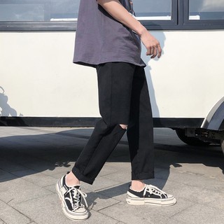 [Tiền Nào Của Đấy]Quần Jeans Baggy Nam Rách Gối Ống Rộng Đen Trơn Không Phai Màu Vải Co Giãn-B05