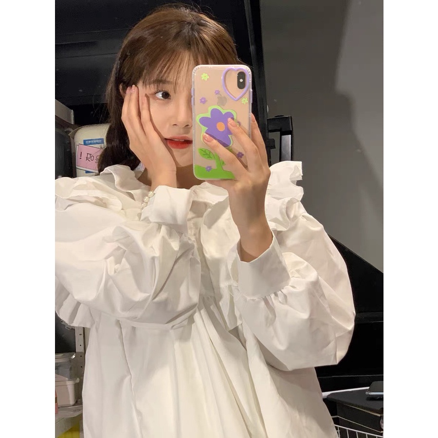 Áo sơ mi trắng form rộng babydoll cổ bèo tay phồng kiểu Hàn Quốc, babydoll trắng phối bèo tay phồng dễ thương
