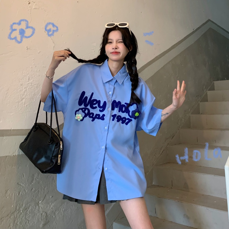 Ethelgirl Áo Sơ Mi Cổ Vuông Tay Ngắn Dáng Rộng In Chữ 4 Màu Thời Trang Hàn Quốc Cho Nữ