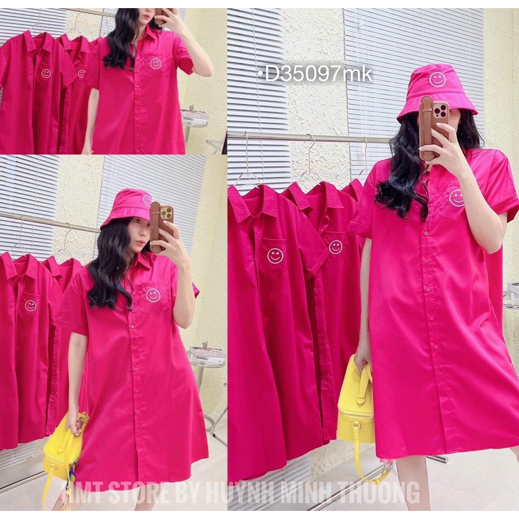 Đầm sơ mi nữ BIGSIZE dáng suông ,váy bầu suông kiểu sơ mi form rộng ngắn tay dài gối có kèm nón, màu hồng/xanh chuối