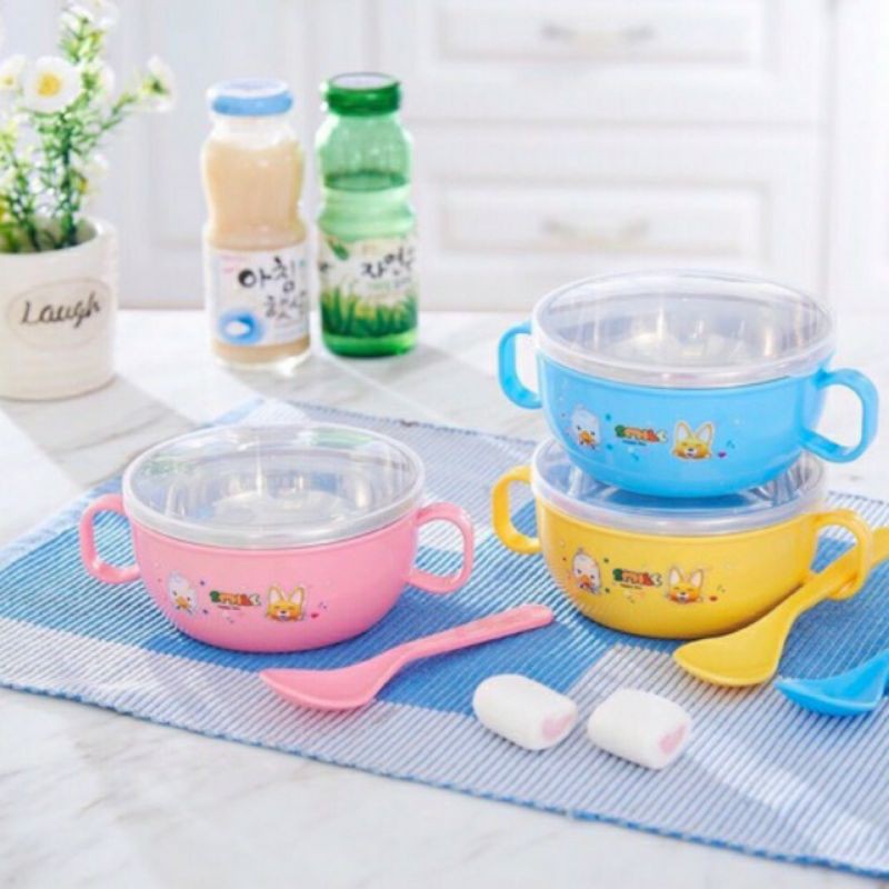 Bát ăn inox cách nhiệt cho bé kèm nắp và thìa