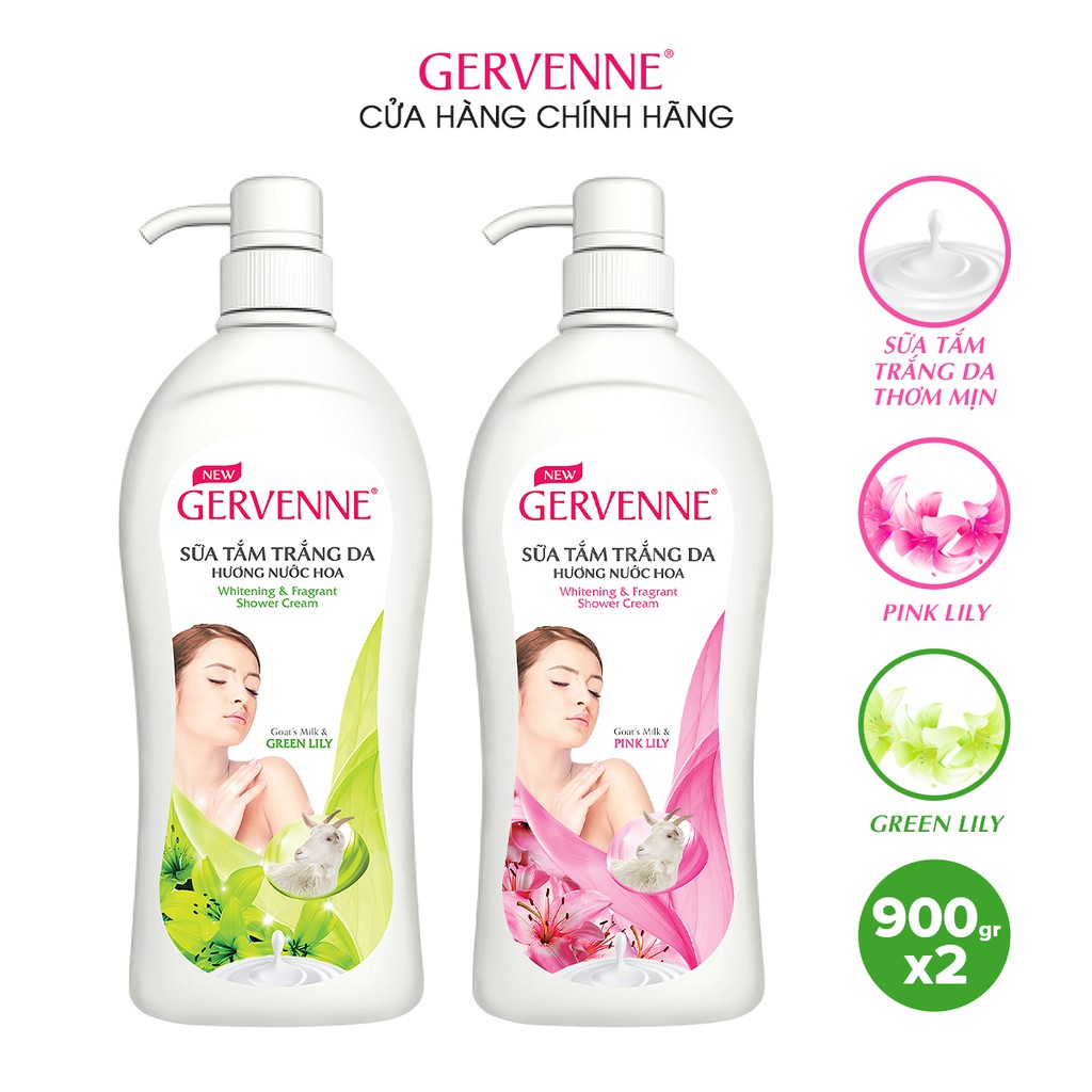 Combo 2 Sữa tắm Trắng da Hương nước hoa Gervenne: 1 Green Lily + 1 Pink Lily (900g/chai)