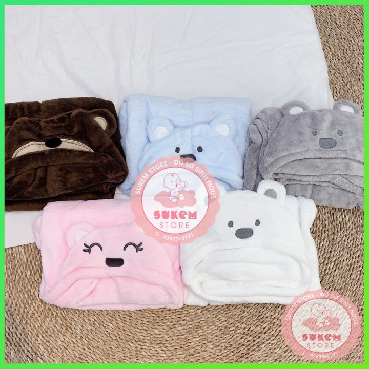 Ủ Choàng Cho Bé/Chăn Ủ Lông Hình Gấu Minizone Có Mũ Siêu Mềm Mịn