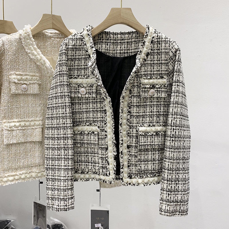 áo dạ tweed ôm dáng màu trơn đính hạt thời trang mùa thu phong cách châu Âu năm 2021
