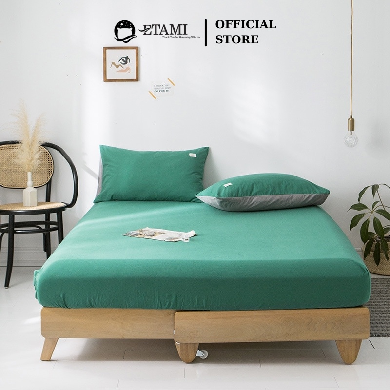Bộ ga gối cotton tici ETAMI ga trải giường và 2 vỏ gối màu xanh lá miễn phí bo chun cho drap giường ga trải giường
