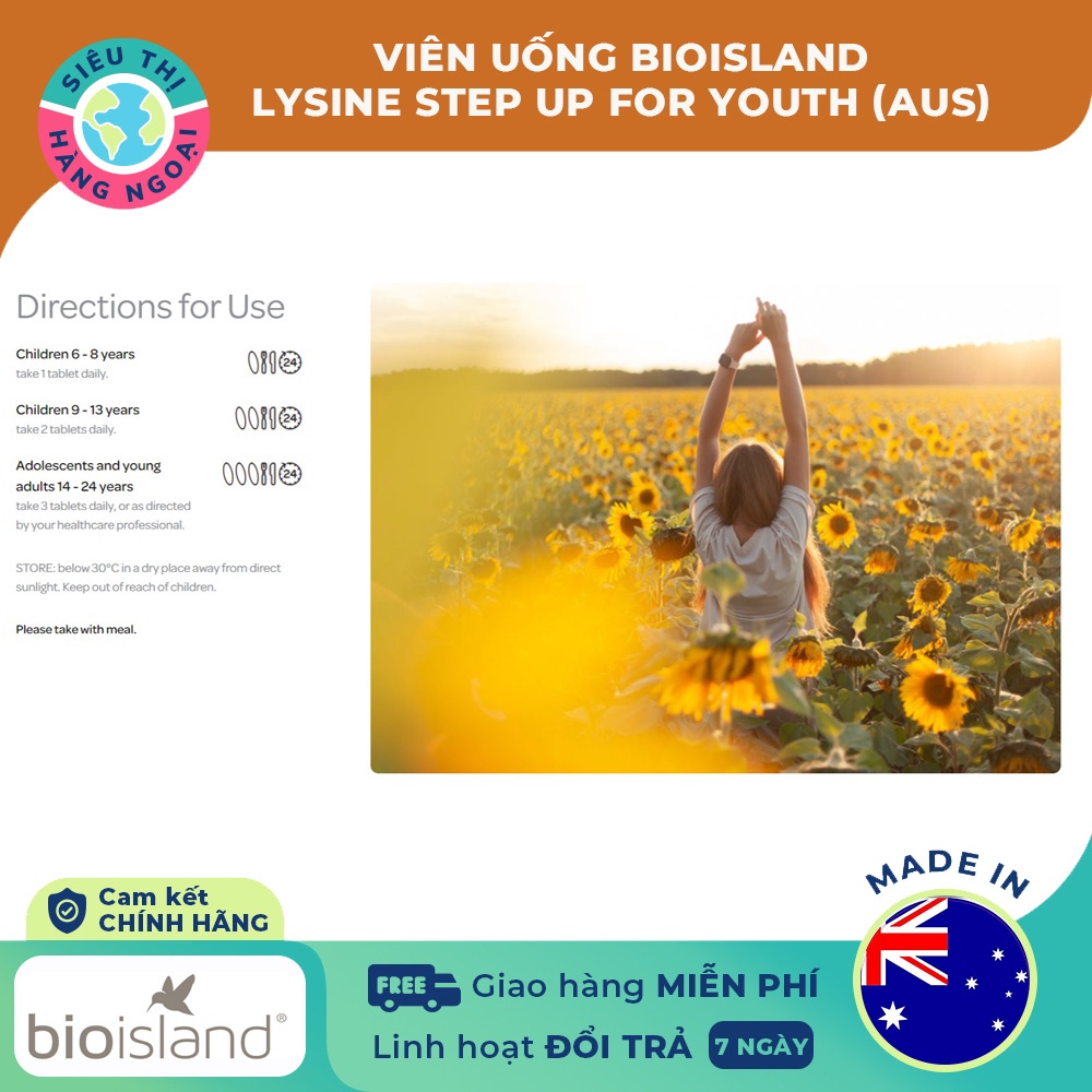 Viên nhai Hỗ trợ Tăng chiều cao cho bé Úc Bio Island Lysine Step Up for Youth 60 viên