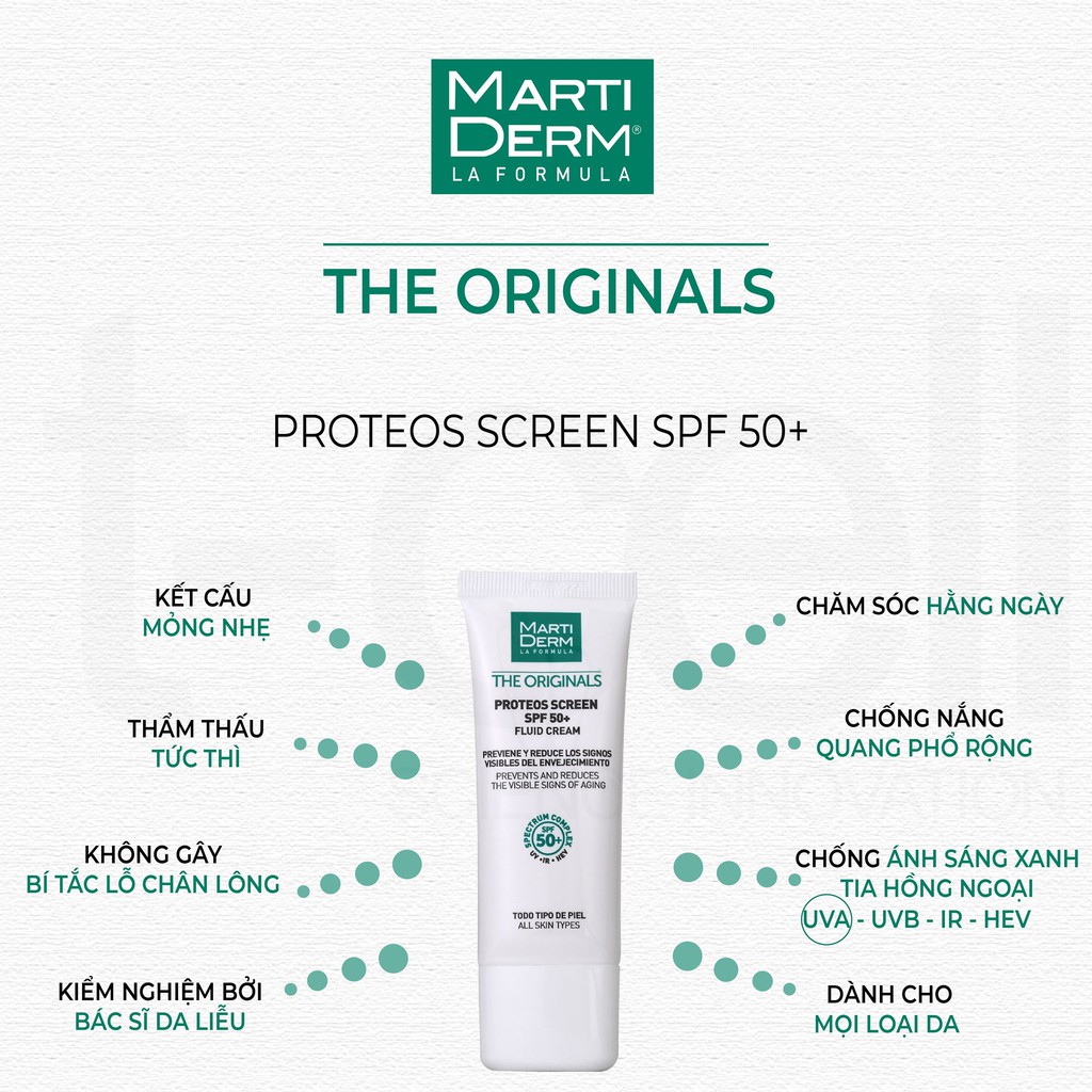 Kem chống nắng phổ rộng MartiDerm the originals proteos screen SPF50+ fluid cream TẶNG mặt nạ Sexylook (Nhập khẩu)