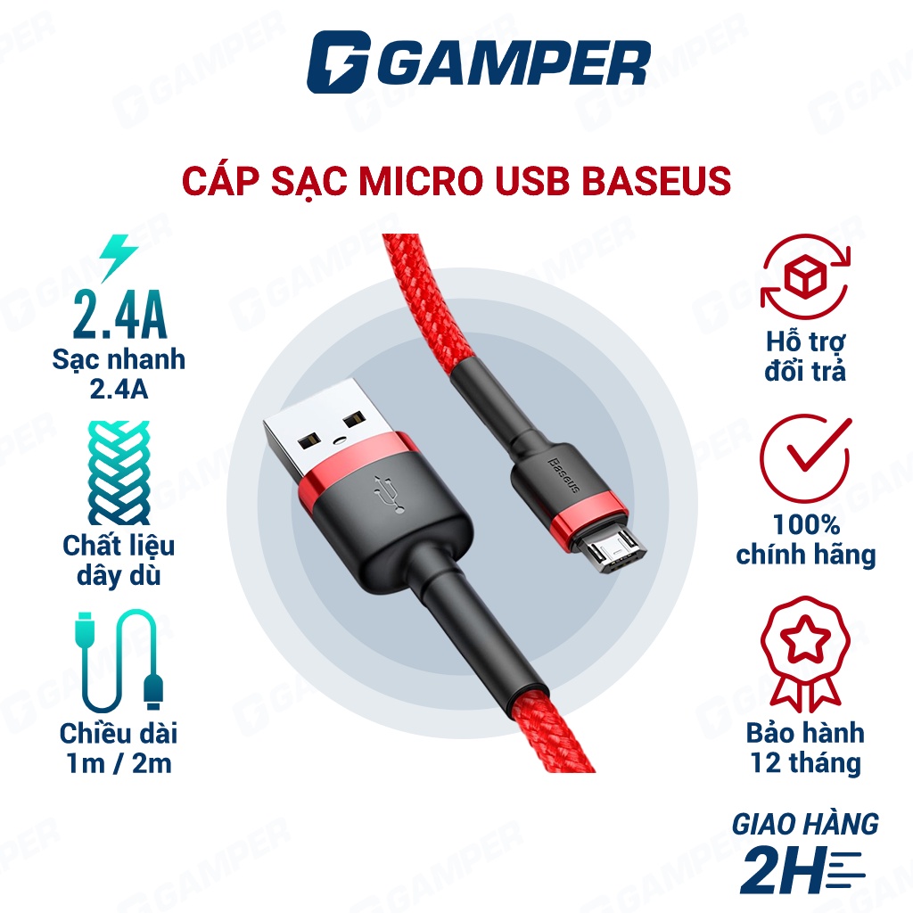 Cáp Sạc Micro USB Dài 1m-2m Baseus Sạc Nhanh 2.4A QC3.0 Dây Dù Cho Điện Thoại Android Samsung Huawei Xiaomi Oppo Vivo