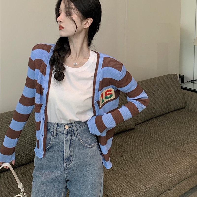 -#Áo Khoác Cardigan Dệt Kim Tay Dài Cổ Chữ v Họa Tiết Kẻ Sọc Dáng Rộng Thời Trang Mùa Hè Cho Nữ