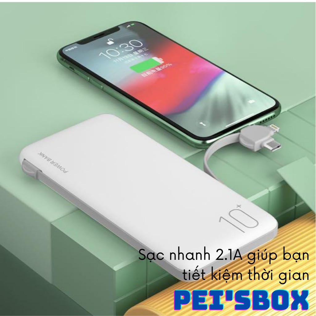 Sạc Dự Phòng 10000mAh P317 đi kèm với cáp sạc hỗ trợ sạc nhiều thiết bị cùng lúc