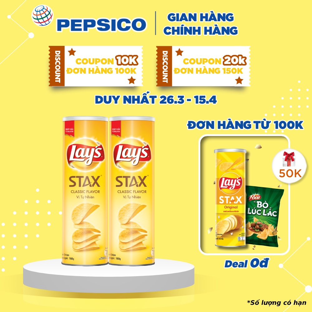 [Mã GRO1APR giảm 20K đơn 150K] Combo 2 Bánh snack khoai tây miếng Lay's Stax Malaysia vị tự nhiên hộp 160g/hộp