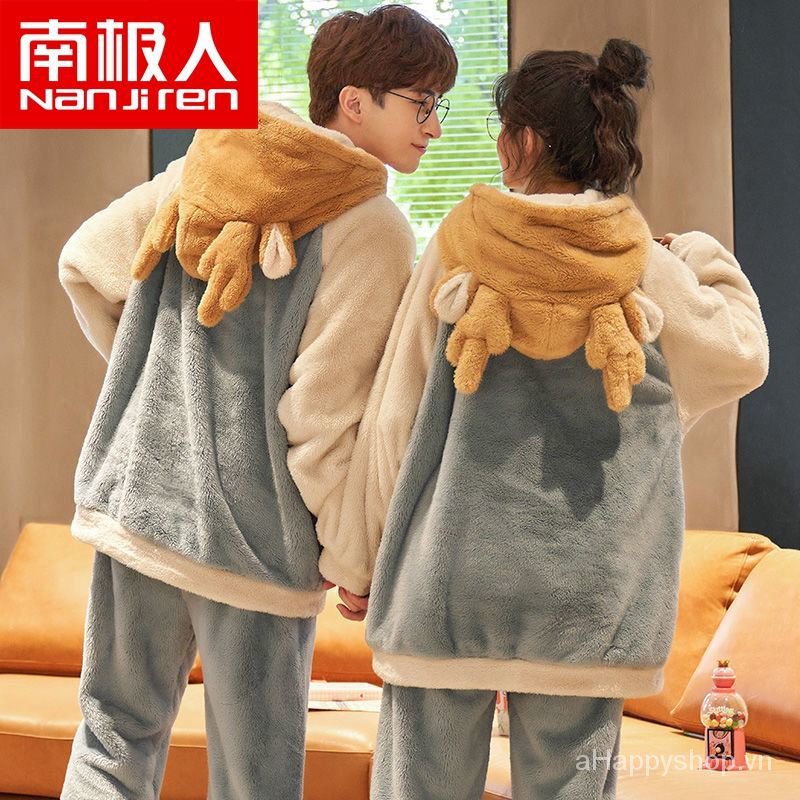 Bộ đồ ngủ vải nhung san hô lông cừu dày giữ ấm thời trang thu đông cho nam và nữ