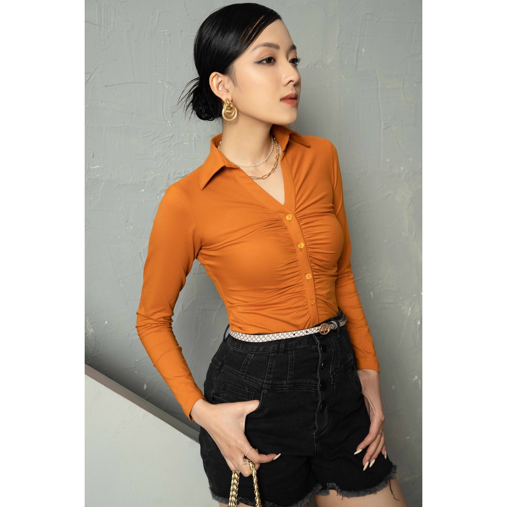Áo thun MECIA AT016-01 Áo thun dài tay cổ đức nhún ngực