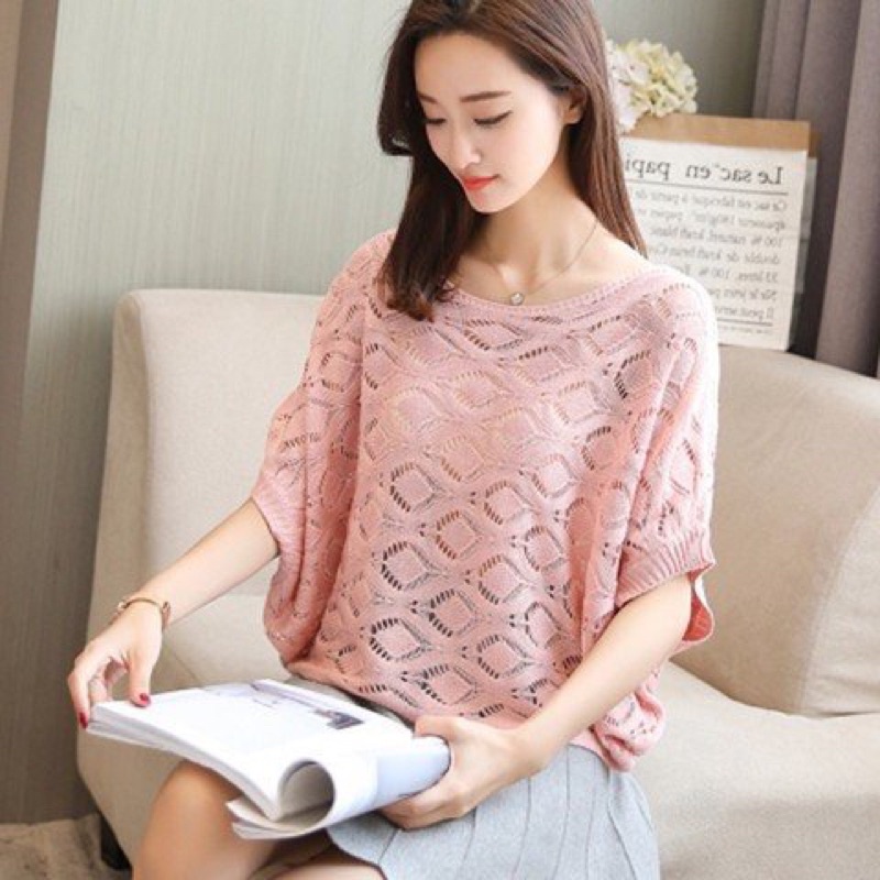 (Xả Kho) Áo len lưới mỏng dáng cánh dơi diện xuân hè